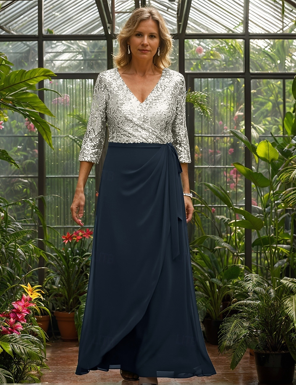 Třpytkové krajkové zlaté A-line šaty matky nevěsty Elegantní vintage jednoduché výstřih do V podlahové délky svatební host šaty chiffon krajka s rukávem 3/4 s flitrovanou krajkou a nařasenými detaily 2025 - $134.99 –P4