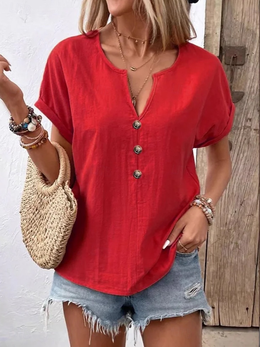Per donna Blusa Tinta unica Semplice Elegante Vintage Casual Manica Corta Scollo a V Collo a V Top Regolari Quotidiano Ferie Bottoni Bianco Rosso Blu marino Arancione Beige Estate Primavera del 2025 a $19.99 –P4