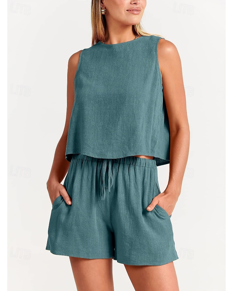 Damen Aktiv Basic Baumwoll-Leinen-Sets Bluse Shorts-Sets Ärmellos Rundhalsausschnitt Einfarbig Kordelzug Ausgehen Wochenende Schwarz Blau Orange Sommer Normale Passform 2025 - NZ $63.49 –P13