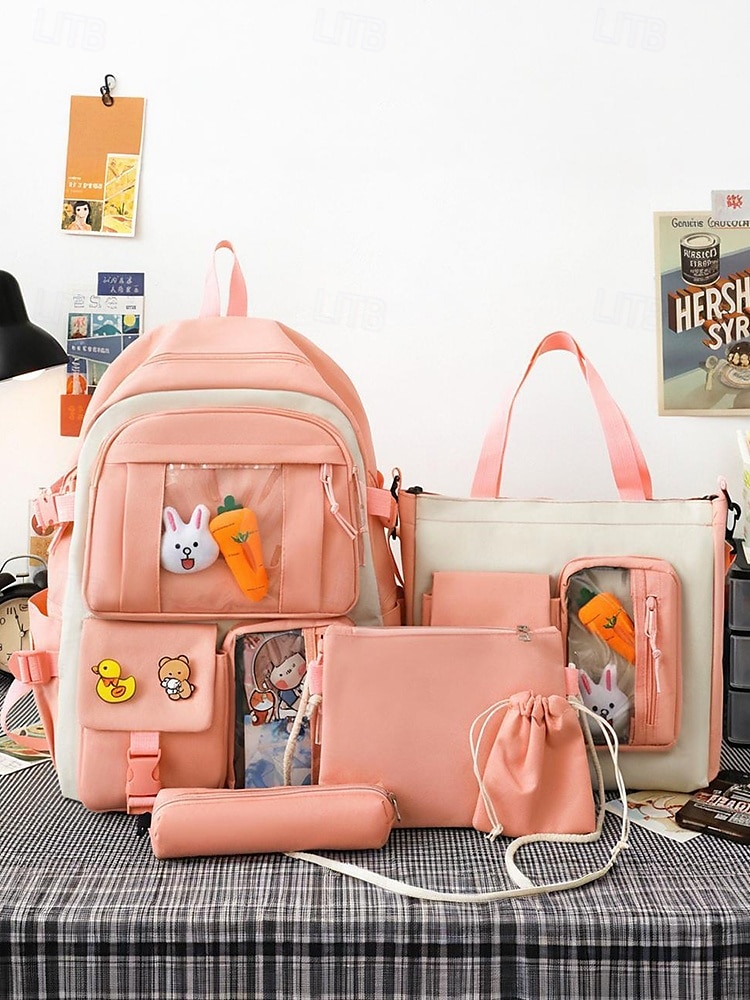 damski 6-częściowy uroczy plecak kawaii z przezroczystymi kieszeniami z przodu, przypinkami z kreskówek i pluszowymi zawieszkami, lekka nylonowa torba szkolna dla nastoletnich dziewcząt, do codziennego użytku na uczelnię 2026 - $34.99 –P2
