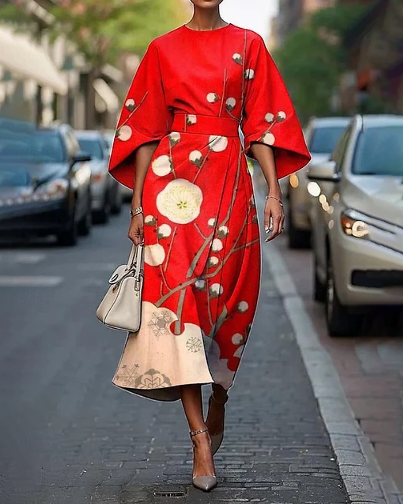 Women's Midi Dress Floral Dress Print Dress Elegant Fashion Outdoor Vacation Holiday Regular Fit Flower Half Sleeve Crew Neck Yellow Wine Red Summer 2026 - $26.99 –P3