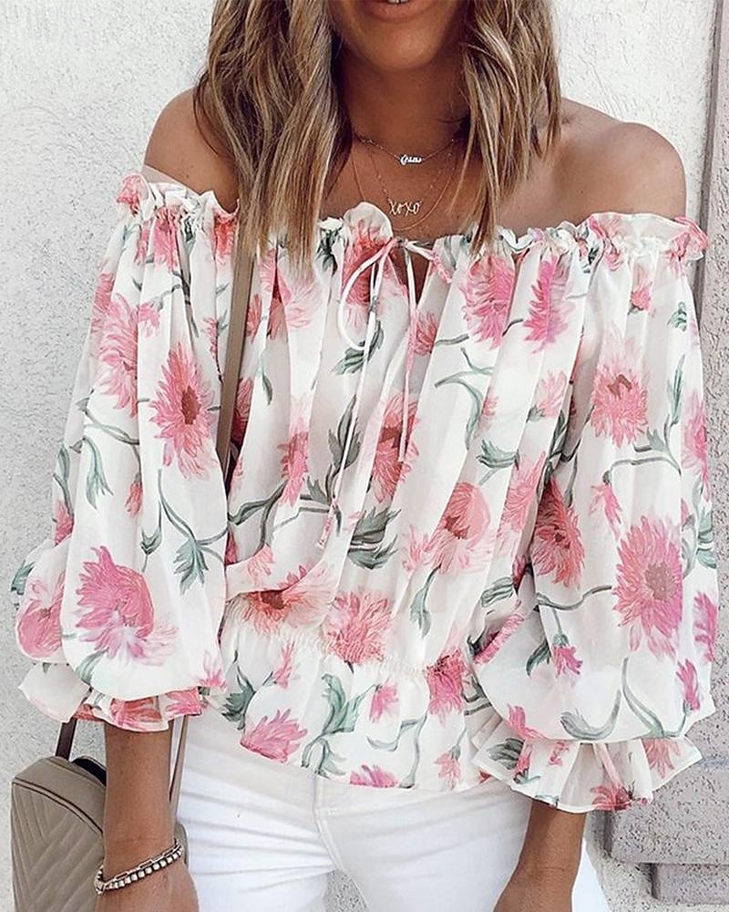 Damen Boho-Hemd Bluse Blume Modern Boho Langarm Schulterfrei Normale Oberteile Ferien Ausgehen Druck Weiß Rosa Blau Aprikose Sommer 2025 - $27.99 –P2