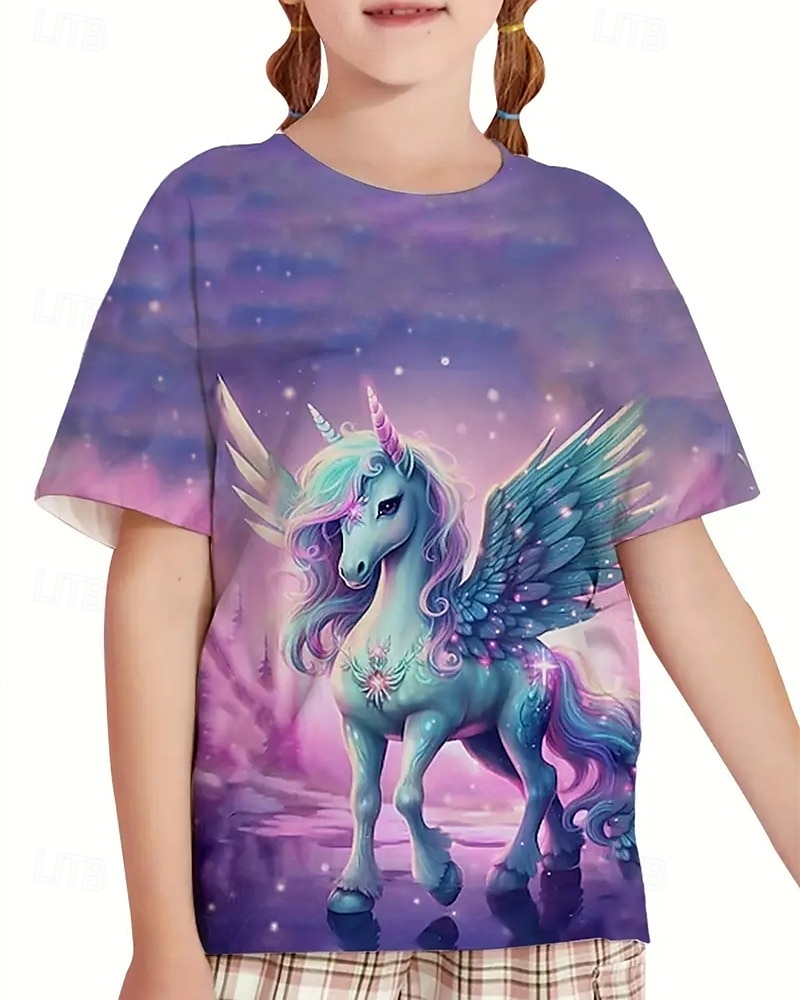 Dla dziewczynek 3D Jednorożec Podkoszulek T-shirt Krótki rękaw Lato Wiosna Moda Podstawowy Dzieci 4-12 lat Półgolf Na zewnątrz Codzienny Regularny 2025 - $11.99 –P1