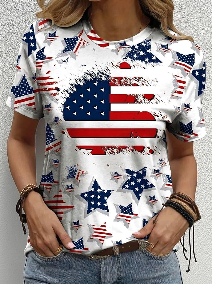 Giorno dell'Indipendenza Maglietta Patriottica da Donna Stampa Grafica Bandiera Vintage Elegante Classica Maniche Corte Collo A Giro Tasca Regolari Quotidiani Fine Settimana Stampa Nero Bianco Blu del 2026 a $22.99 –P4