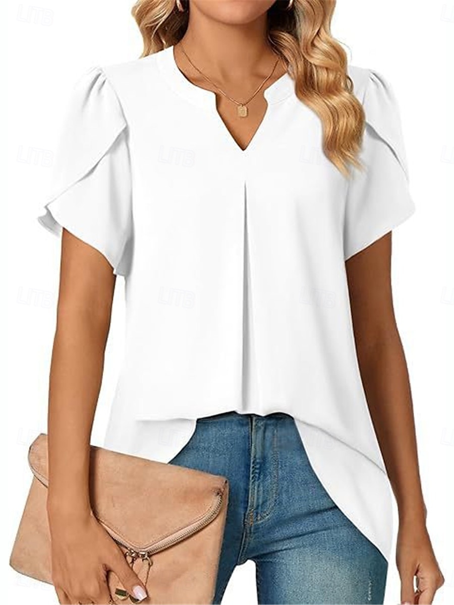 Femmes Chemisier Couleur Unie Élégant Basique Occasionnel Manche Courte Col en V Hauts Réguliers Quotidien Noir Blanche Bleu Vert Abricot Été de 2025 ? $19.99 –P3