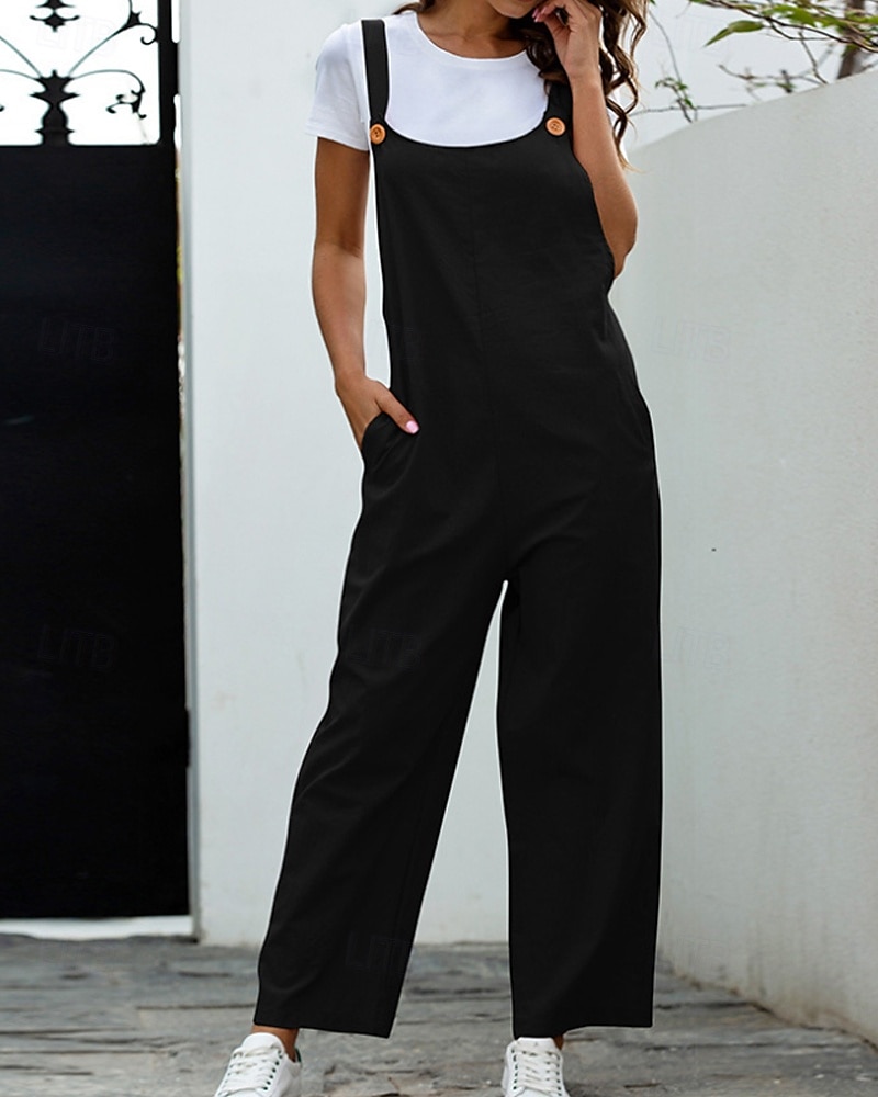 Femmes Normal Pantalon en coton et lin Basique Couleur Unie Sans manches Col en U Avec Poches Rue Sortir Coupe régulière Noir Blanche bleu marine Été de 2025 ? $29.99 –P10