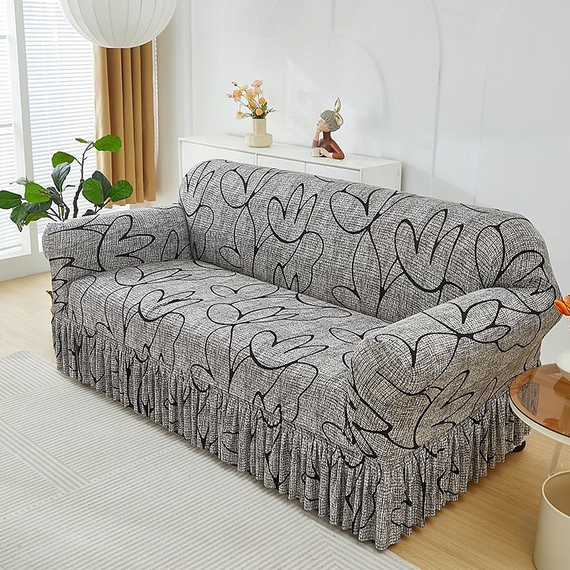 Funda de sofá de 1 pieza con volante, moderna, elástica, ajustada, con detalles elásticos, lavable a máquina, con impresión reactiva, adecuada para sillones, sofás dobles, triples y cuádruples. 2025 - $24.99 –P1