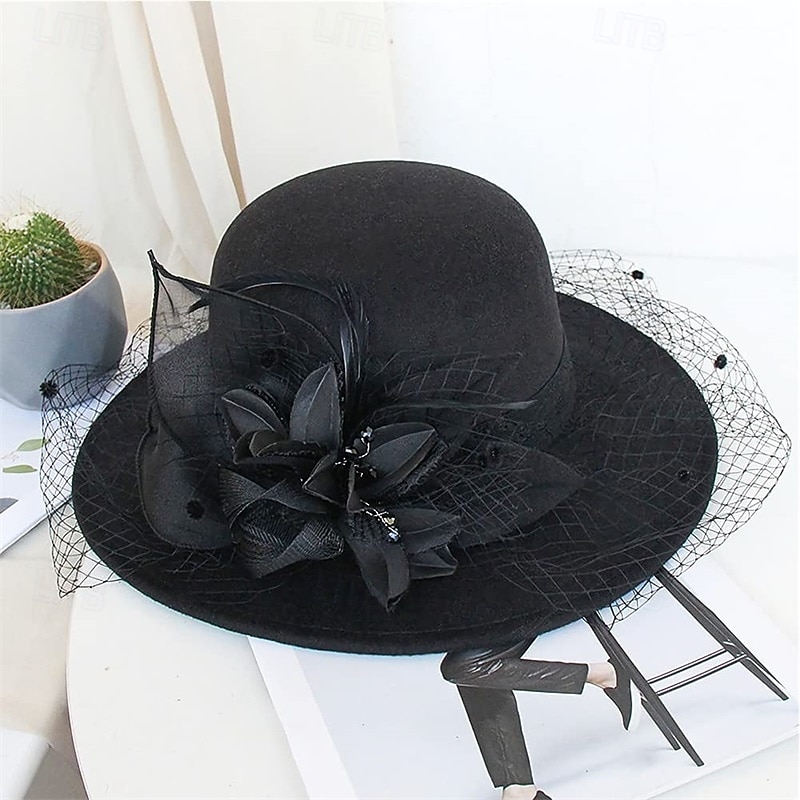 Vintage Fedora Bucket Hat with Removable Mesh Flowers Feathers Elegant Ladies Bowler Hat Winter Warm Wide Brim Church Derby Hat for Wedding Race Banquet 2025 - $23.99 –P5