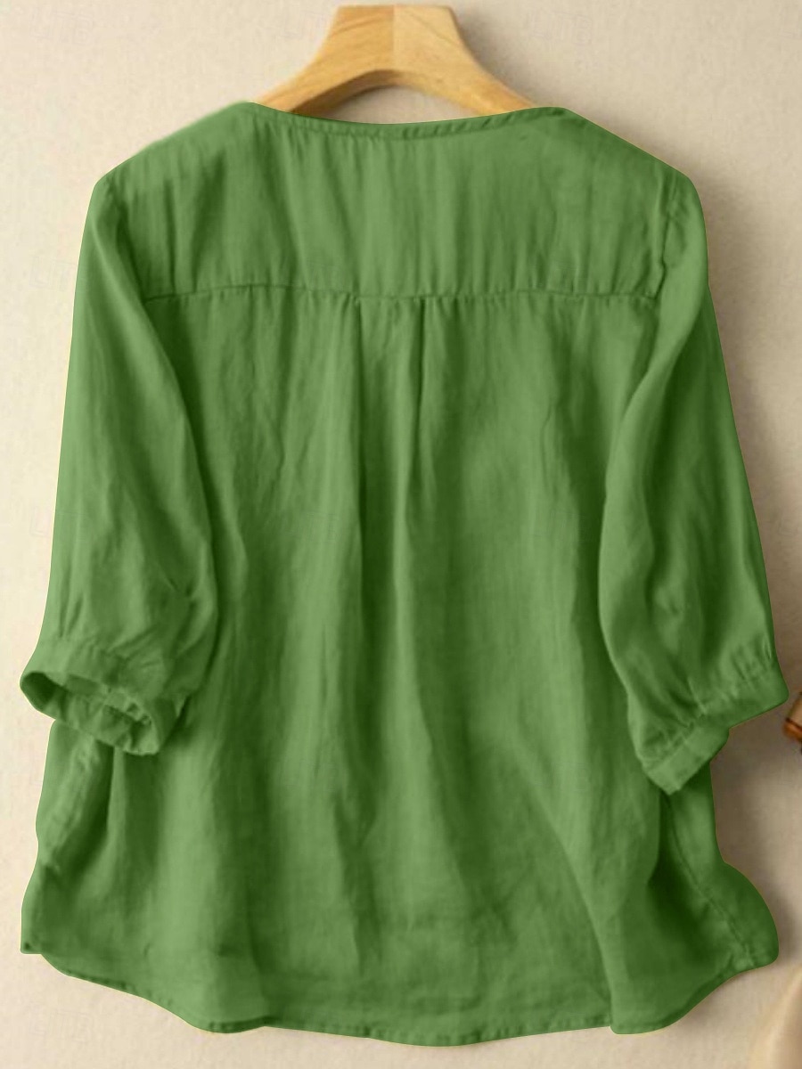 Dame Skjorte Bluse Skjorter i bomullslin Helfarge Stilfull Fritid 3/4 ermer Crew-hals Vanlige topper Daglig Broderi Knapper Gul Rød Lilla Grønn Sommer Vår 2025 - $27.99 –P10