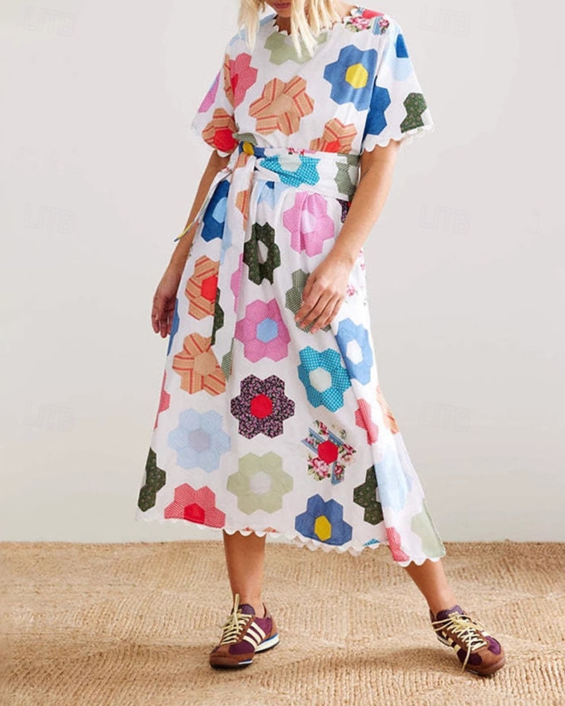 Pentru femei Rochie Lunga Rochie Maxi Rochii de in bumbac Rochie casual Modă În aer liber Petrecere Concediu Fit regulat Floare Manșon scurt Stil Nautic Alb Vară 2025 - $38.99 –P2