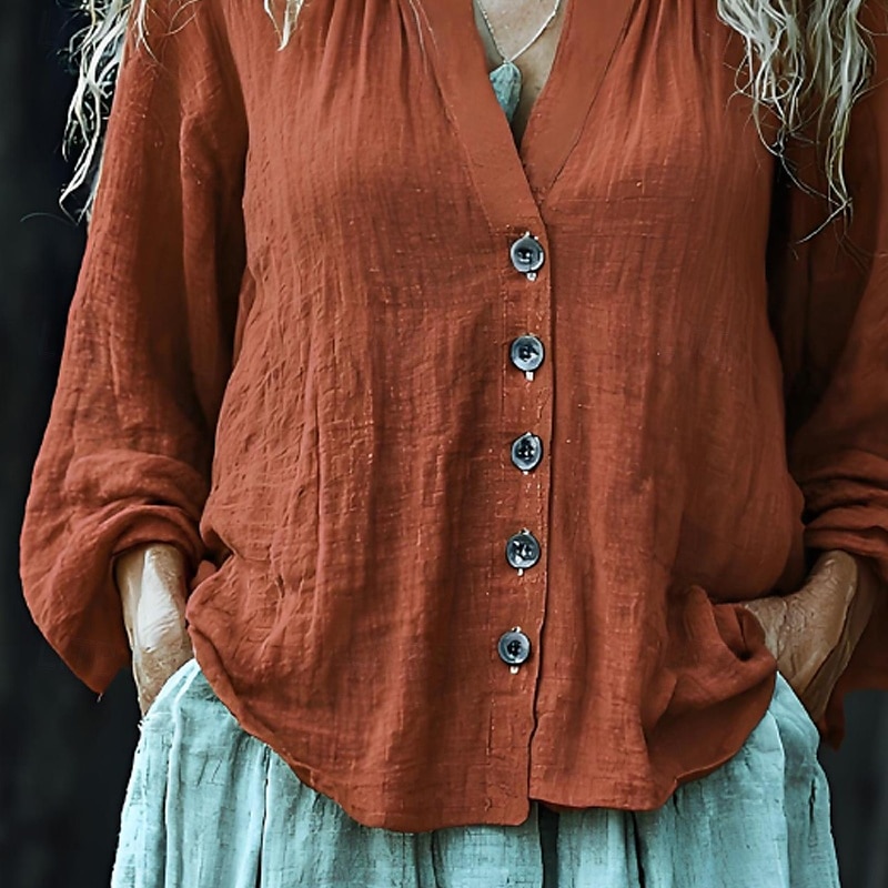 Per donna Camicia Camicie di cotone e lino Set ispirati al lino Blusa Semplice Moderno Casual Manica Lunga Scollo a V Top Regolari Quotidiano Ferie Bottoni Arancione Estate del 2025 a $21.99 –P3