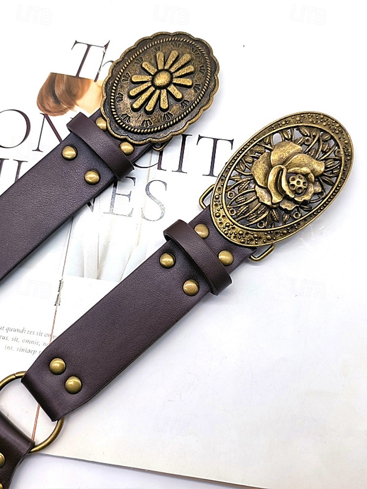 Women's Bohemian Western cowboy style belt with antique brass flower buckle, Adjustable tightness, Suitable for retro fashion, Casual or festival wear 2025 - $14.99 –P12