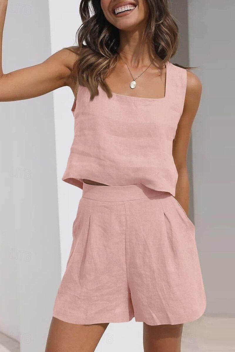 Femmes Actif Basique Ensembles en coton et lin Sans manches Col carré Couleur Unie Décontracté Quotidien Noir Rose Claire Vert Véronèse Été Coupe régulière de 2025 ? $25.99 –P17