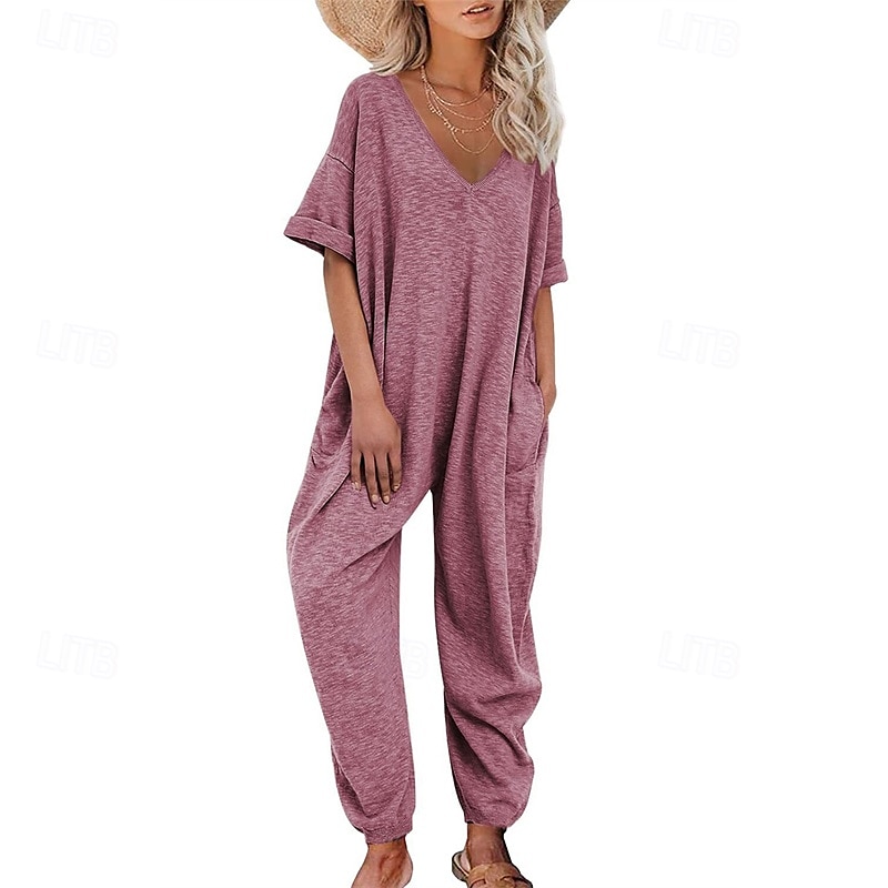 Női Szabályos Jumpsuitek Stílusos Tömör szín Féhosszú Háremnadrág V-alakú Zseb Utca Napi Normál Fekete Sárga Arcpír rózsaszín Nyár 2025 - $27.99 –P10