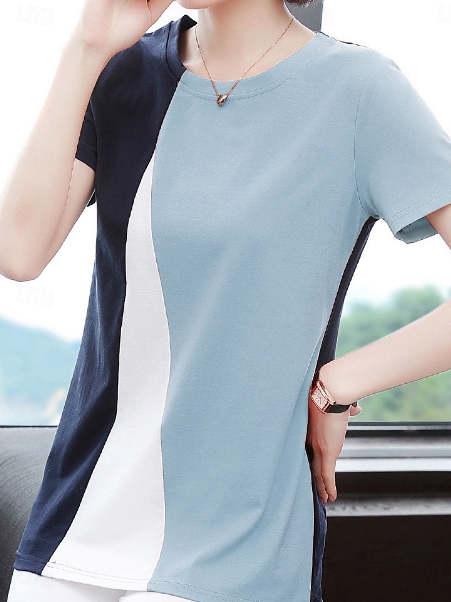 Dame Bluse Geometrisk Fargeblokk Stilfull Fritid Kortermet Crew-hals Vanlige topper Daglig Trykt mønster Svart Gul Blå Oransje Brun Sommer 2025 - $13.99 –P12