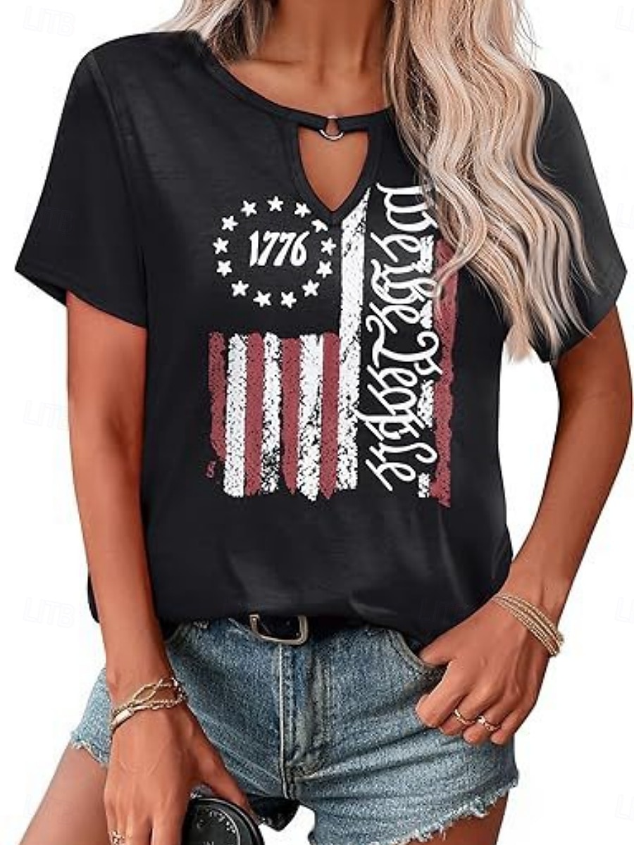 Vrouwen Blouse Vlag Stijlvol Casual Korte Mouw Crewneck Regelmatige Tops Dagelijks Print Zwart Rood Marineblauw Zomer 2025 - $19.99 –P6