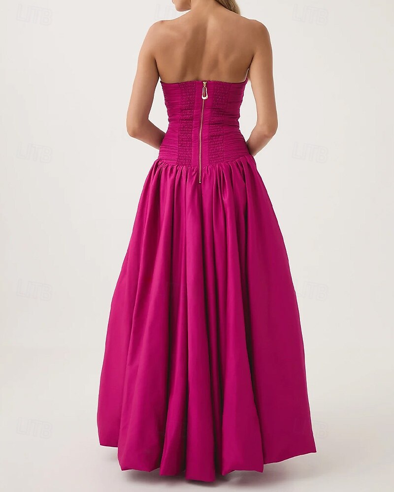 Pinkes A-Linien-Abendkleid, Bubble-Kleid, formelles, halbformelles Hochzeitskleid, bodenlang, ärmellos, trägerlos, Taft mit gerüschtem Schlitz, 2025 2025 - €136.99 –P4