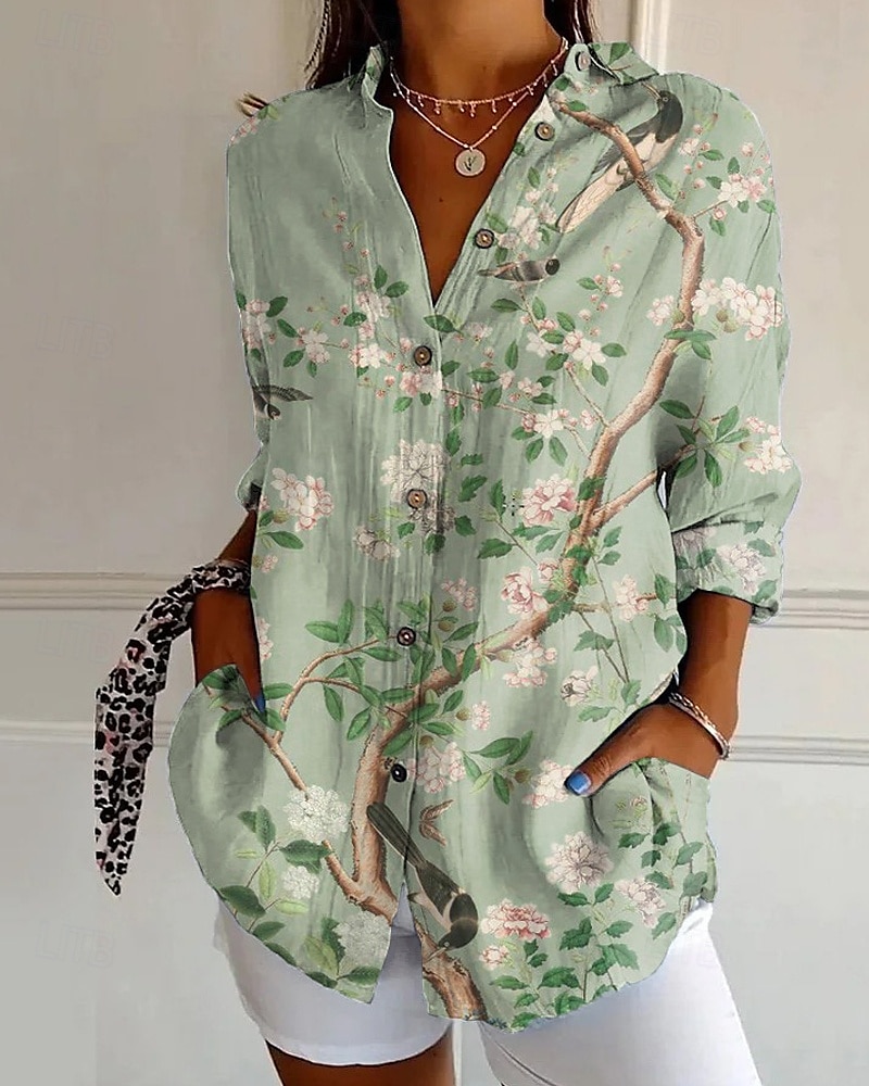 Dame Skjorte Bluse Blomsternål i krystall Moderne Fritid Langermet Skjortekrage Vanlige topper Daglig Ut på byen Knapper Trykt mønster Svart Hvit Gul Lysegrønn Rosa Sommer 2025 - $25.99 –P4