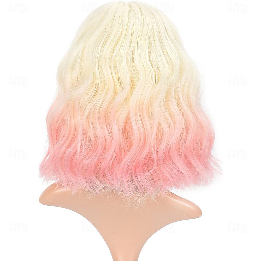 Ombre 2-tone kleur krullende bob pruik met luchtpony natuurlijke krullende golvende korte bob pruiken schouderlange pruiken synthetische cosplay voor meisjes kleurrijke pruiken 12'' blond tot roze 2025 - $24.99 –P5