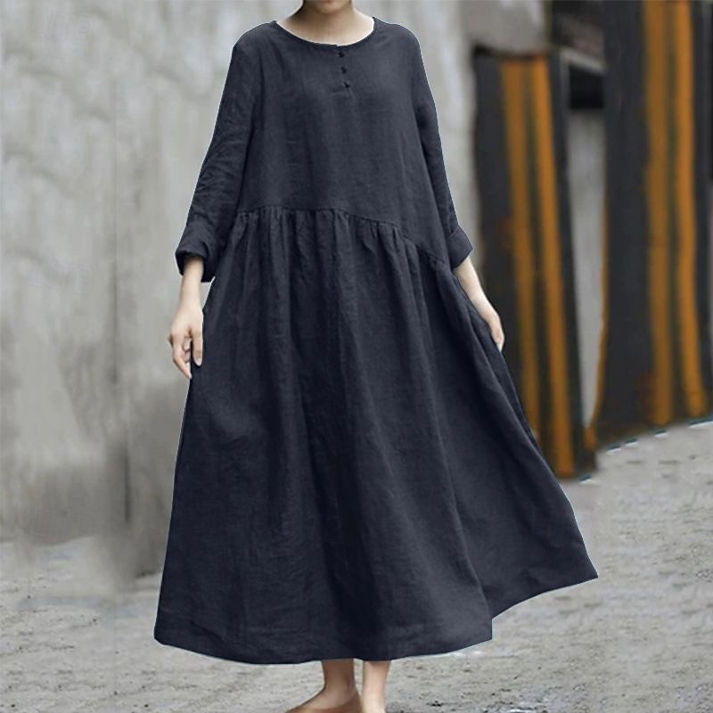 Femmes Robe Midi Robe en coton et lin Classique Moderne Extérieur Vacances Fête Coupe régulière Uni manche longue Col ras du cou Noir Rouge Vert Été de 2025 ? $32.99 –P4