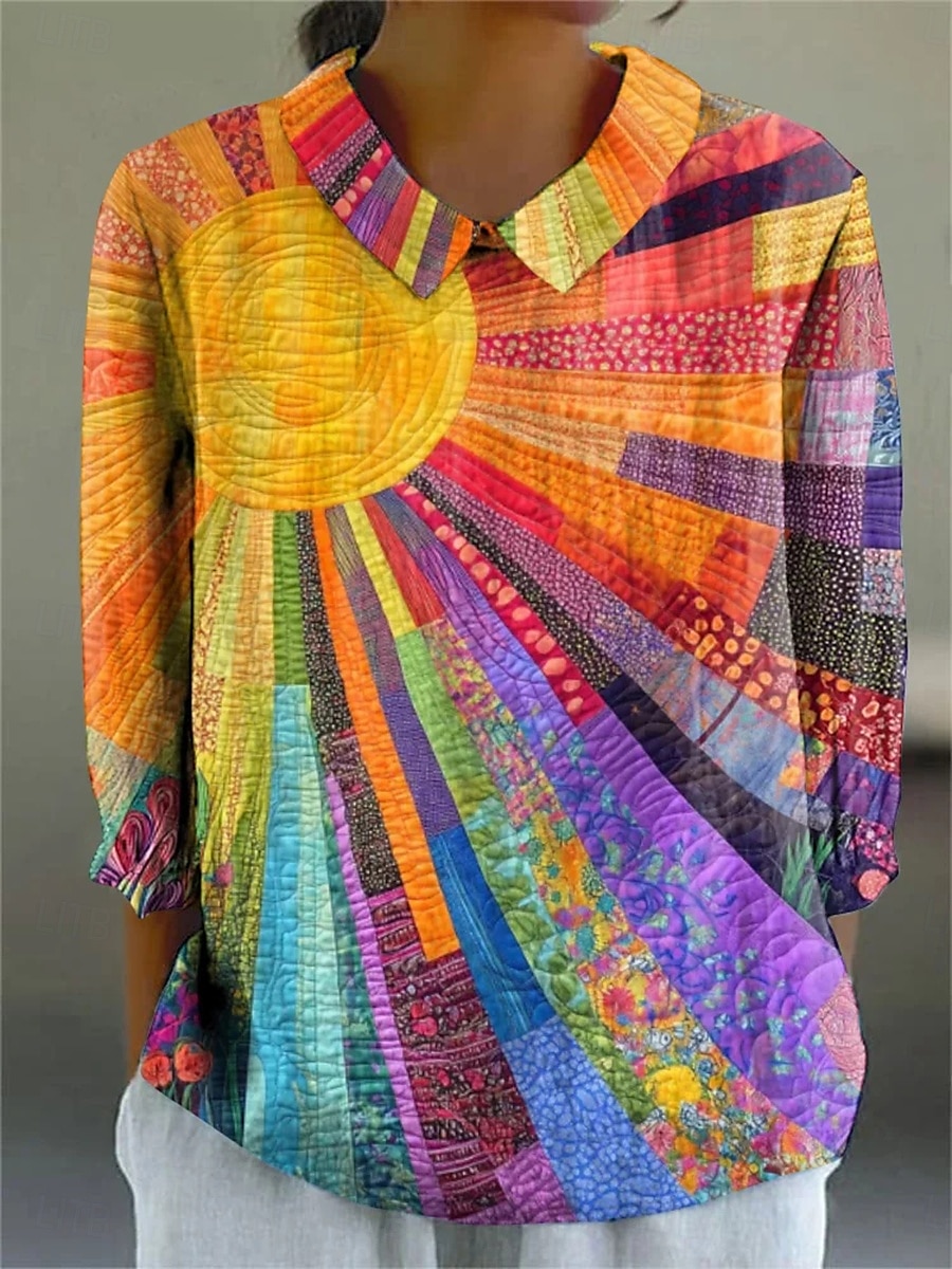 Dame Bluse Grafisk Geometrisk Daglig Stilfull Fritid Langermet Skjortekrage Vanlige topper Daglig Knapper Trykt mønster Gul Rød Sommer Vår 2025 - $24.99 –P3