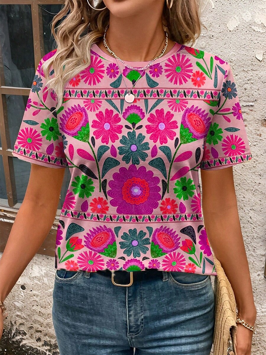 Dame T skjorte Blomstret Grafisk Planter Årgang Stilfull Klassisk Kortermet Crew-hals Vanlige topper Daglig Helg Trykt mønster Blå Lilla Oransje Grønn Sommer 2025 - $19.99 –P4