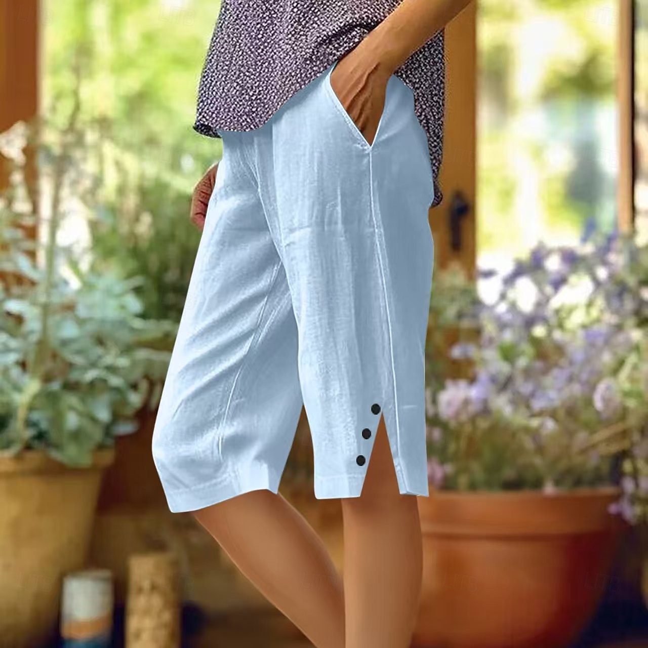 Women's Chinos Vacation Vintage Basic Knee Length High Waist Plain Pocket Elastic Waistband Comfy Soft Comfortable Micro-elastic Formal Vacation Street White Pink Blue Purple Summer Loose Fit 2025 - $17.99 –P5