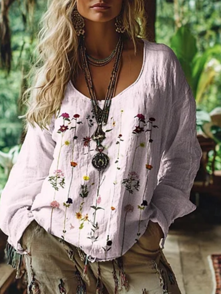 Bluză western pentru femei, cămașă boho, bluză cu imprimeu floral, modern, casual, mânecă lungă, decolteu în V, topuri regulate, zilnic, vacanță, ieșiri în oraș, imprimeu, alb, roz, albastru, vară, toamnă 2025 - $19.99 –P2