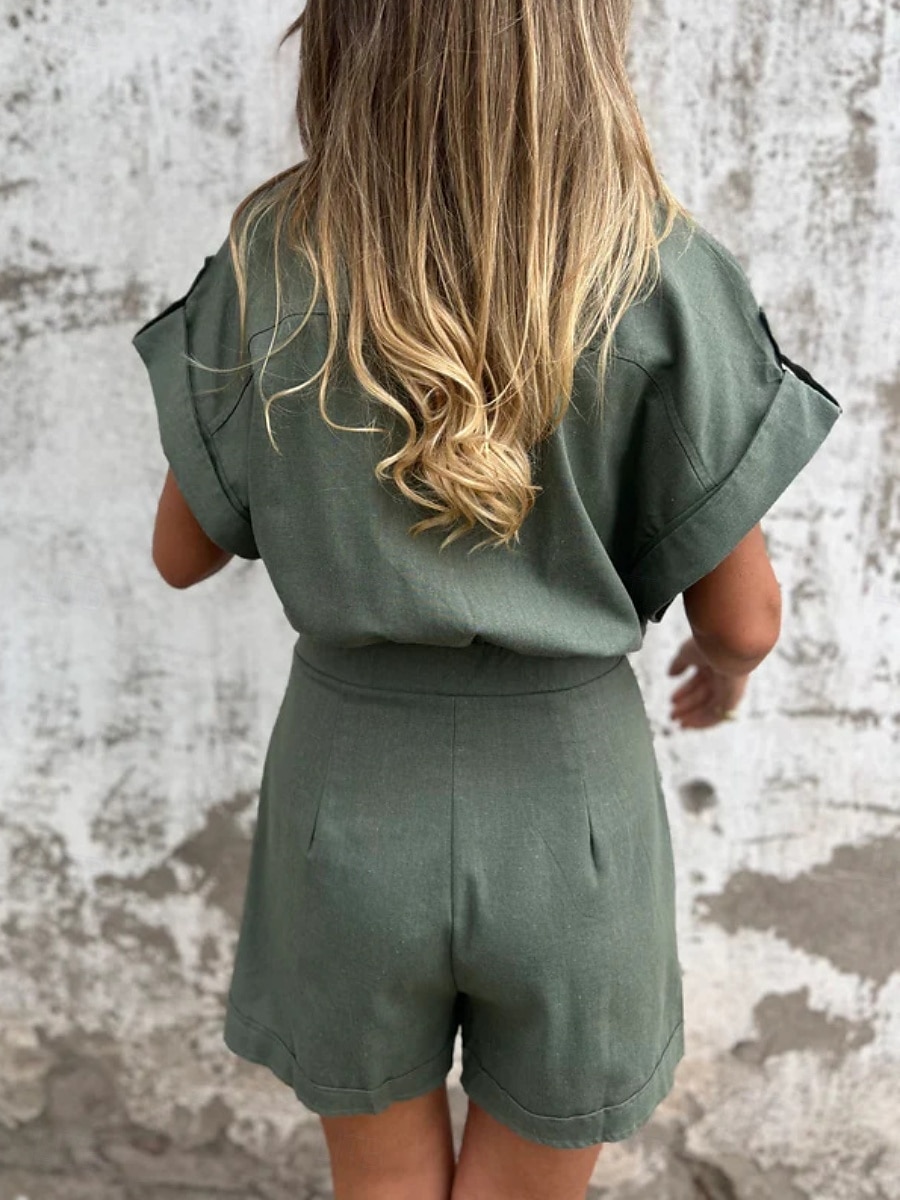 Femmes Actif Basique Ensembles en coton et lin Manche Courte Col de chemise Couleur Unie Décontracté Quotidien Vert Été Coupe régulière de 2025 ? $32.99 –P5