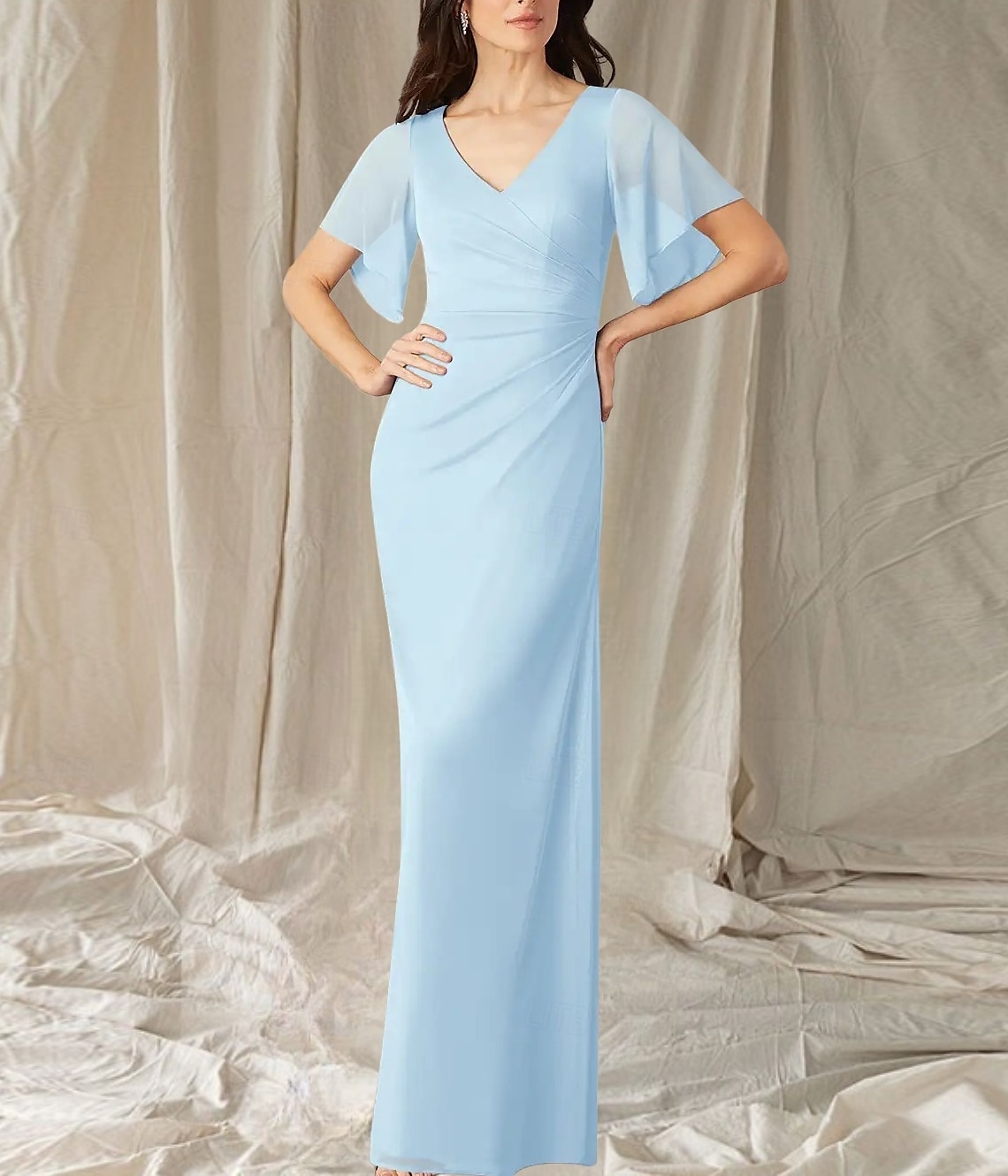 Zeemeermin Trompet Moeder van de Bruid Jurk Bruiloft Gast Elegant Zoet V Hals Vloerlengte Chiffon Korte Mouw met Ruching 2025 - $164.99 –P1