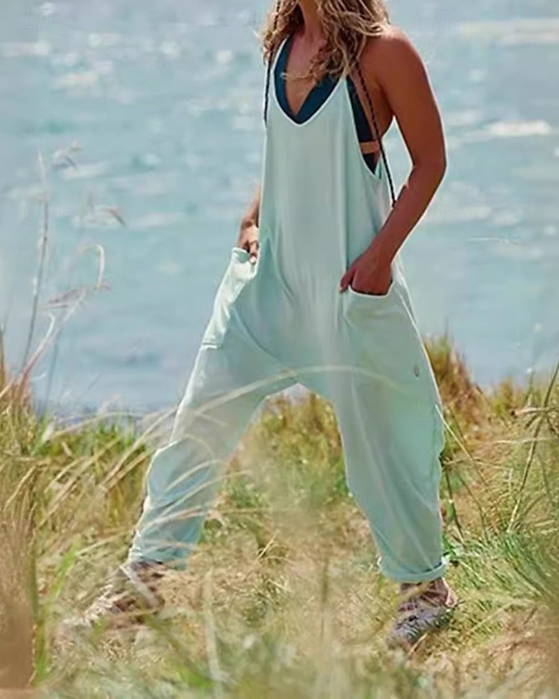 Femmes Normal Combinaison Occasionnel Couleur Unie Sans manches Col en V Avec Poches Sortir Week-end Coupe régulière Noir Vert Claire Vert Véronèse Été de 2025 ? $23.99 –P1