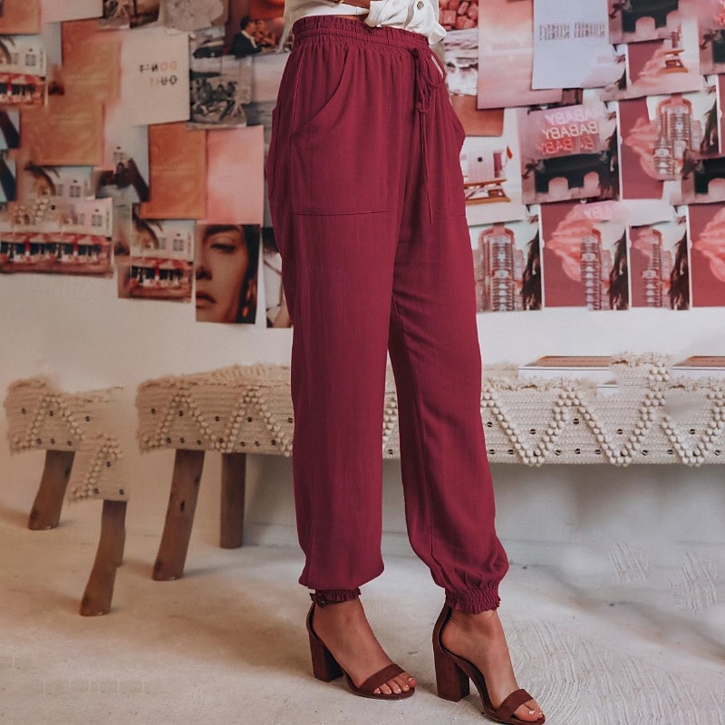 Femmes Slacks Pantalons Occasionnel Longueur complète Naturel Uni Avec Poches Conception à cordon élastique Confortable Extérieur Fête Décontracté Quotidien Week-end Vin Noir Vert Claire Vert Véronèse de 2025 ? $18.99 –P4