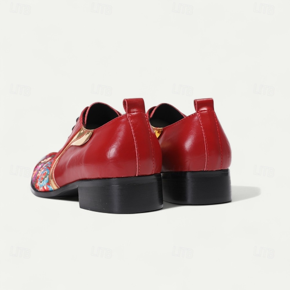 Męskie czerwone skórzane buty wizytowe z kwiatowym haftem i metalowymi akcentami w złotym kolorze – eleganckie obuwie na wesela i wieczorne wydarzenia 2025 - $119.99 –P7
