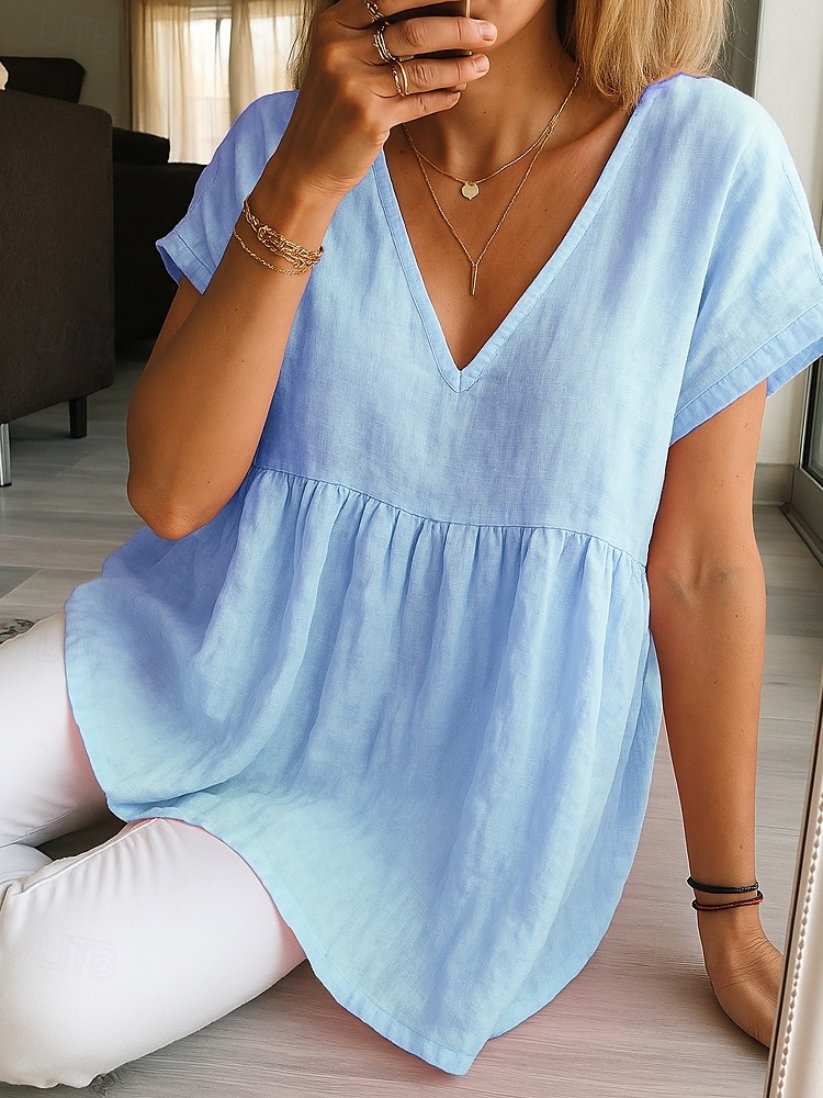 Damen Sommer Tops Casual Kurzarm V-Ausschnitt Regular Tops Hellgrün Rosa Rot Staubblau Sommerhemd Bluse Baumwolle Leinen Hemden Einfarbig Basic Modern Shirt 2025 - $23.99 –P2