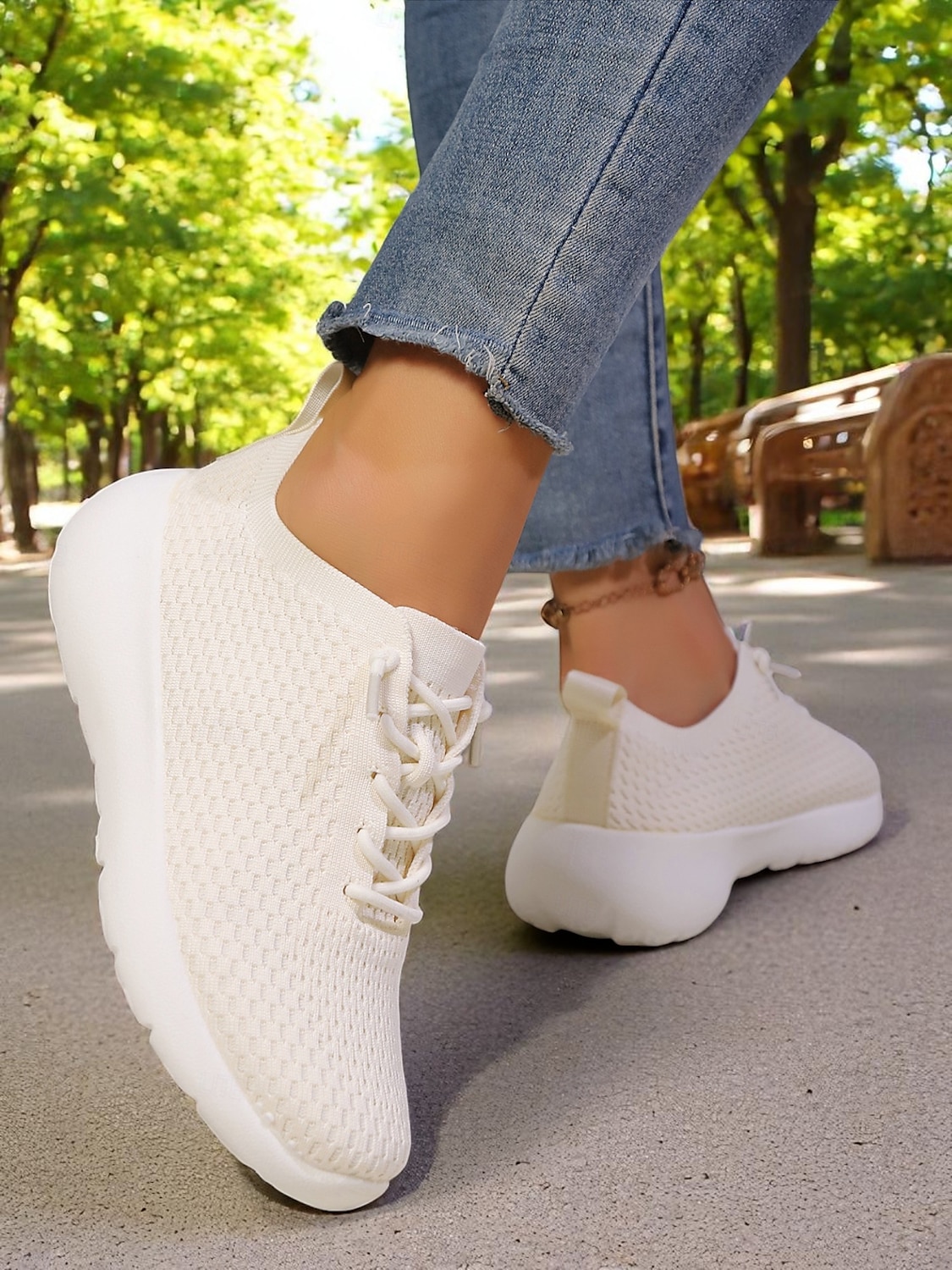 Beige lette flyknit-tursko for dame med myk ergonomisk såle, pustende komfort for pendling, joggeturer i parken og daglige ærender 2025 - $24.99 –P6