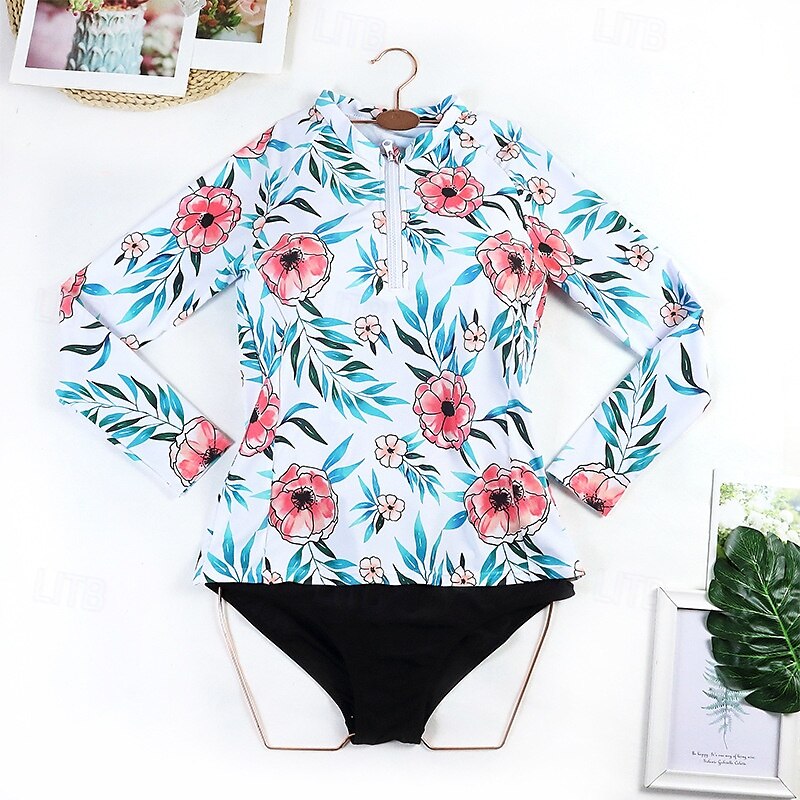 Damen Rash Guard Badeanzug UV-Sonnenschutz UPF50+ Langarm Bademode Badeanzug Frontreißverschluss Schwimmen Surfen Strand Wassersport Blumenmuster Tropisch Sommer Frühling 2025 - $27.99 –P5