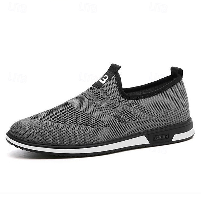 Grå strikkede slip-on-sneakers for menn med elastisk passform – pustende, fleksible sko for løping, sport og aktiv livsstil 2025 - $24.99 –P2