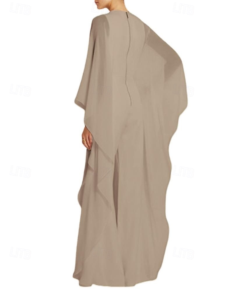 Combinaison cape  pantalon Robe mère de la mariée Élégante Simple Minimaliste Col rond Longueur de sol Chiffon Manches 3/4 avec fronces de 2025 ? $139.99 –P3