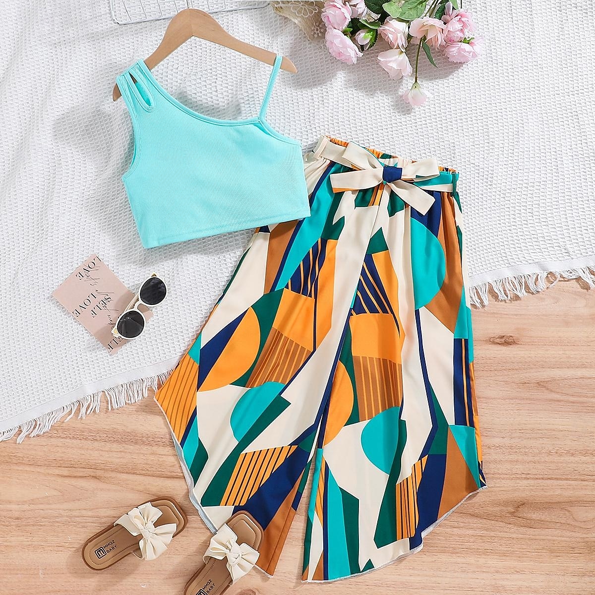 2 Pieces Kids Girls' Color Block Off Shoulder Tank & Pants Set Sleeveless Daily School 7-13 Years Summer Blue 2026 - $24.99 –P1