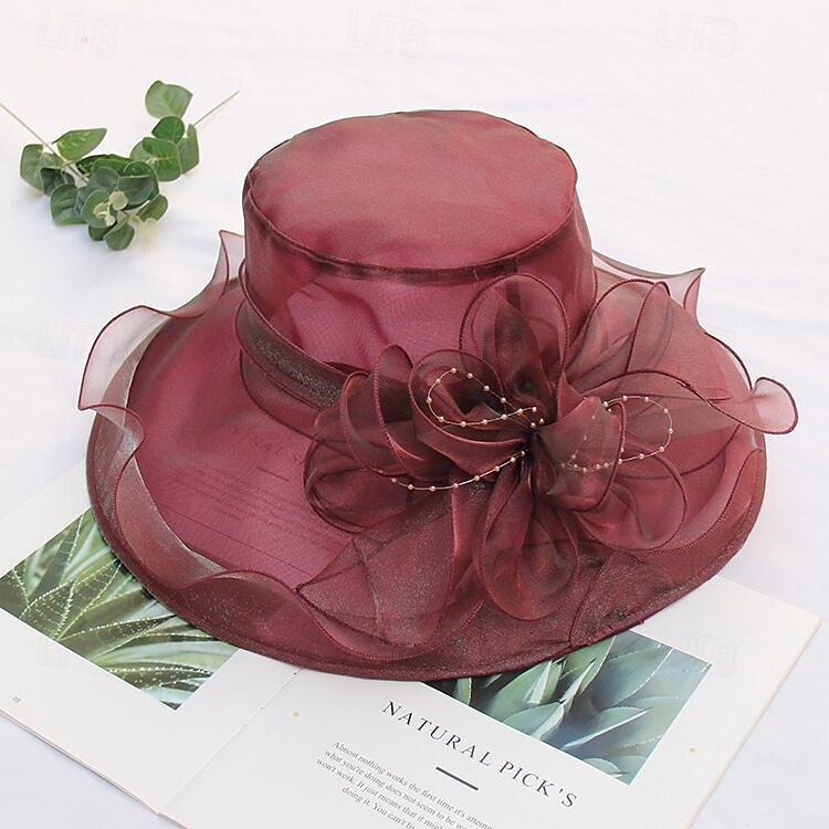 Hatter organza Bryllup Aftenselskap Te Fest Strand Hesteløp Elegant søt stil Solbeskyttelse Med Blomster Hodeplagg Hodeplagg 2025 - $16.99 –P28