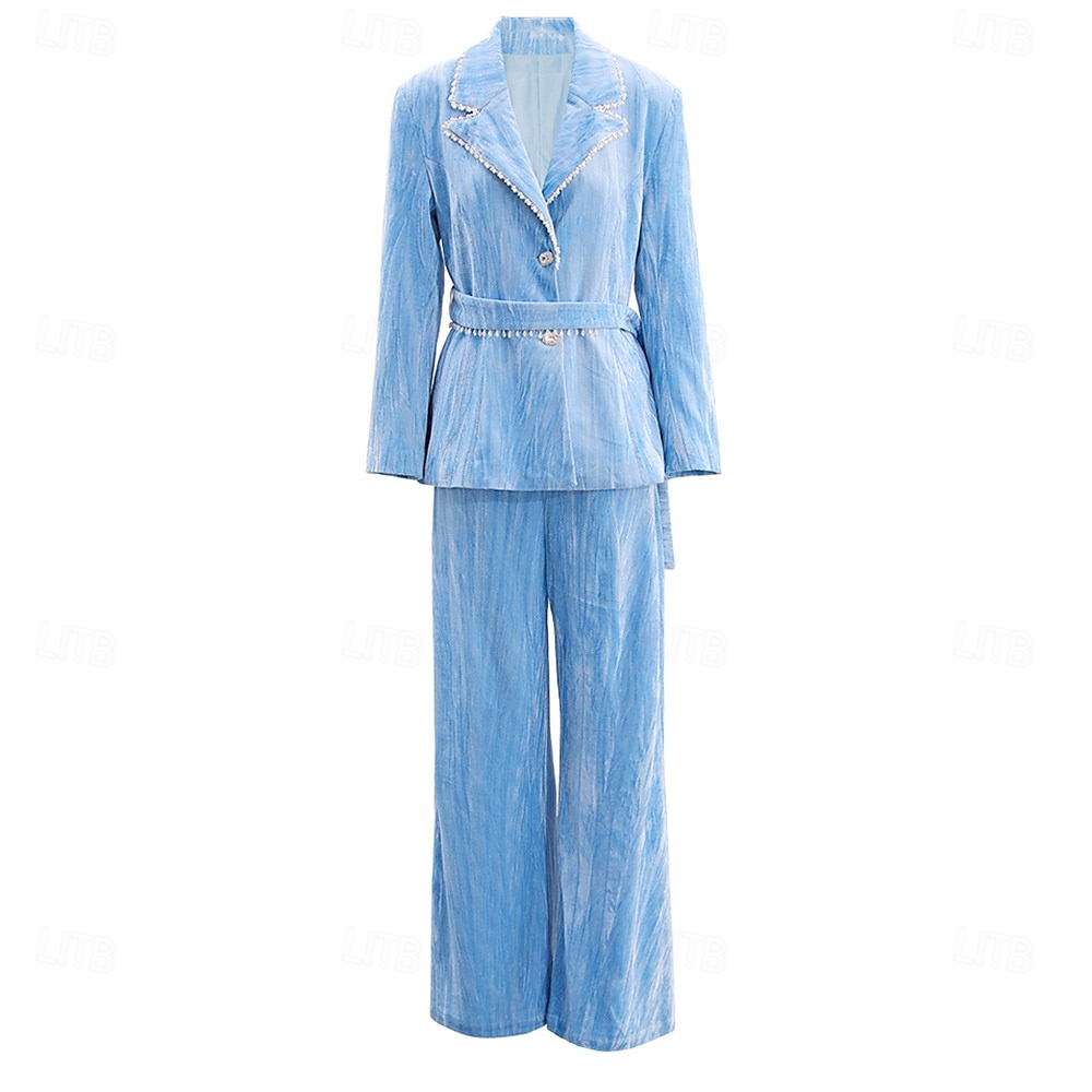 Blue Velvet Pantsuit Mother of the Bride Suit Elegant Minimalist Notched Lapel Floor Length Long Sleeve with Pearls 2025 - $129.99 –P2