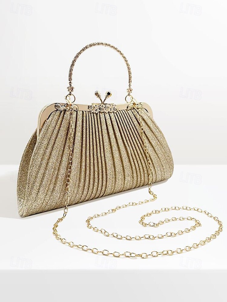 Poșetă de seară plisată cu sclipici pentru femei, cu mâner vintage auriu – geantă elegantă și formală pentru nunți, petreceri și cocktailuri 2025 - $24.99 –P5