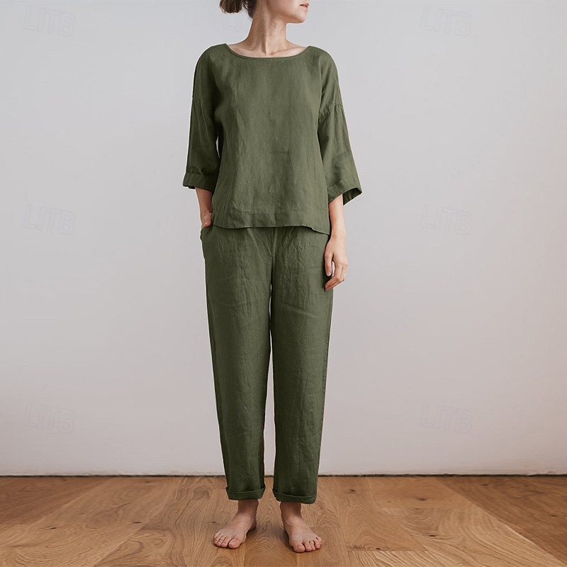 Dames Actief Basic Katoenen linnen overhemden Blouse Broeken Sets Lange mouw Strakke ronde hals Effen Kleur Buiten Uitgaan Blozend Roze Leger Groen Beige Zomer Normale pasvorm 2025 - $26.99 –P8