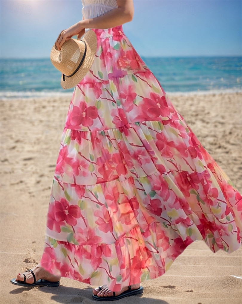 Dame Asiatisk størrelse الالتفاف Huske Lang Lengde Høst Maksi Høyt liv Skjørt Blomstret Fargeblokk Multi Layer Chiffon Trykt mønster Mikroelastisk Feriereise Fritid / hverdag Hvit Rosa Rød Blå Sommer 2025 - $27.99 –P6