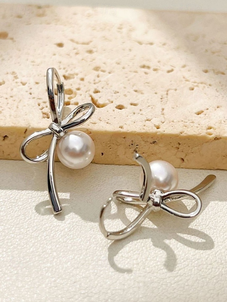 Women's Elegant Bow Knot Pearl Drop Earrings – Dainty Gold or Silver Plated Studs for Romantic Dates, Weddings and Daily Wear 2025 - $11.99 –P7
