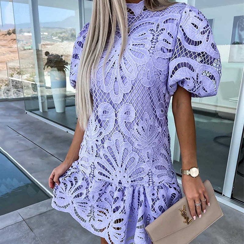 Damskie Sukienka mini Sukienki z bawełny i lnu Codzienne sukienki Moda Na zewnątrz Impreza Święto Regularny Równina Krótki rękaw Golf Biały Fioletowy Czerwona róża Lato 2025 - $29.99 –P3