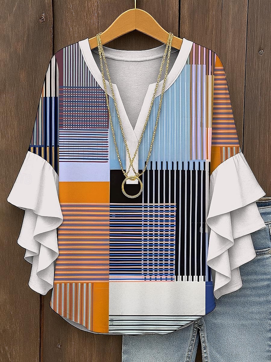 Damskie Bluzka Graficzny Geometryczny Kratka Zabytkowe Codzienny Elegancki Rękaw 3/4 W serek Zwykłe topy Codzienny Święto Ubrania wakacyjne Falbana Nadruk Żółty Czerwony Niebieski Fioletowy Zielony 2025 - $29.99 –P1