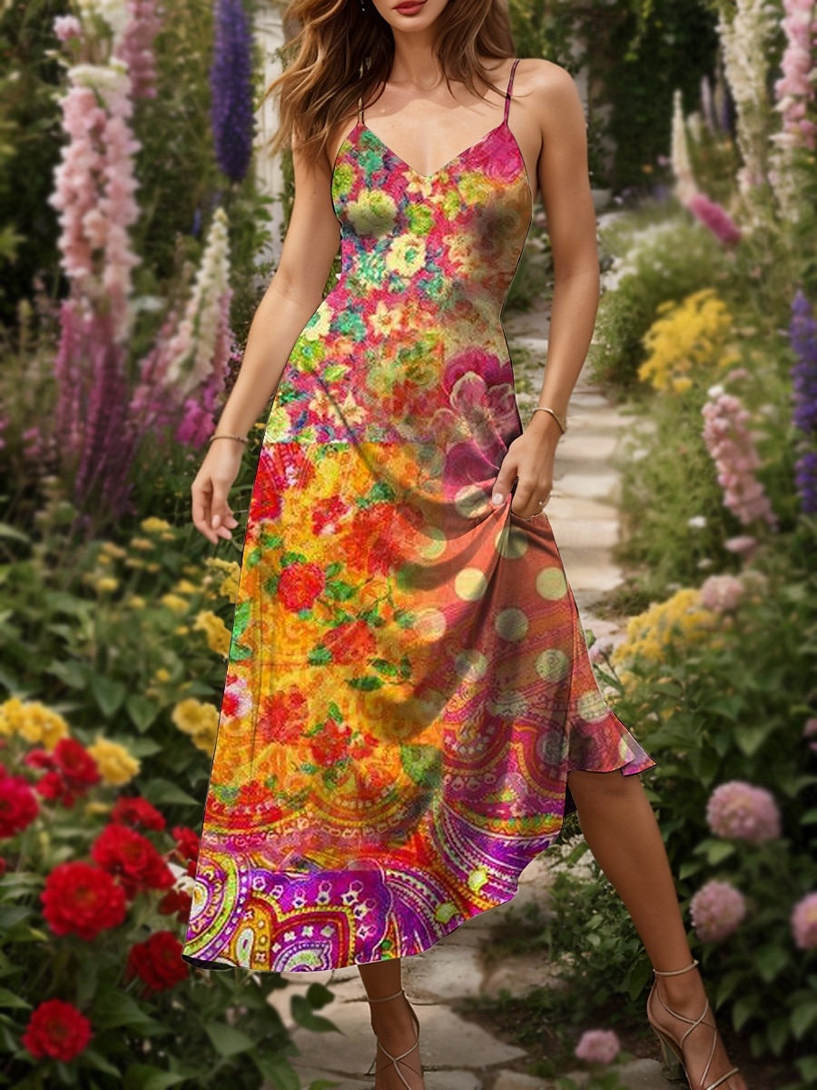 Per donna Abito maxi Vestito Estivo Abito a trapezio Abito Sottoveste Vacanza Casual Boho Spiaggia Vestibilità regolare Floreale Grafico A Pois Senza Maniche Scollo a V Viola Arancione Estate del 2025 a $34.99 –P1