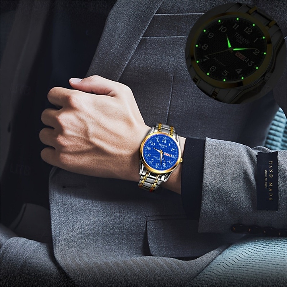 Ceas de mână bărbătesc la modă, cu curea din oțel, cu curea de cuarț, design simplu, cadran circular, calendar dual, impermeabil IPX7, cu lumină de noapte, ceas de afaceri 2025 - $12.99 –P4