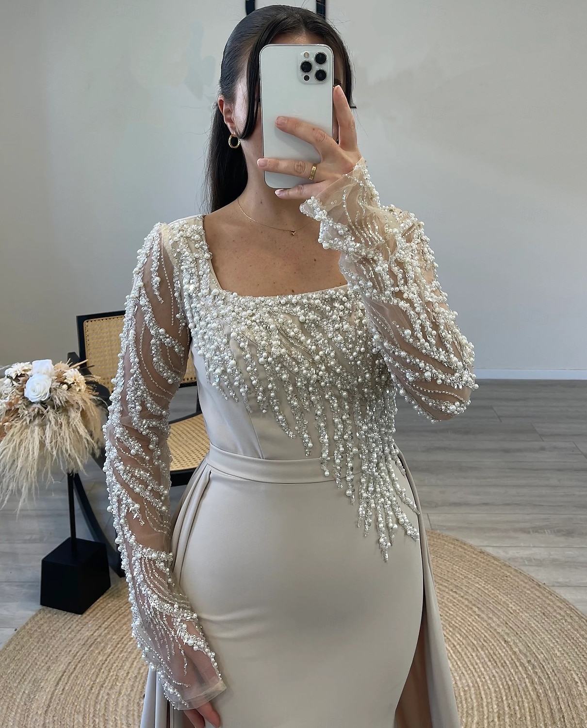 Robe de Soirée Sheath  Colonne Robe Élégante Carnaval Formelle Longueur de sol Manches longues Col illusion Détachable Crêpe extensible avec Paillettes et Perles de 2025 ? $154.99 –P1